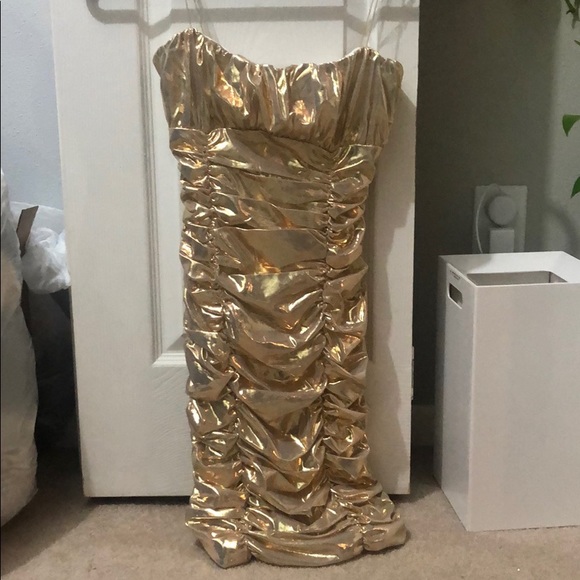 MESHKI RUCHED THIN STRAP MINI DRESS GOLD - Picture 3 of 5